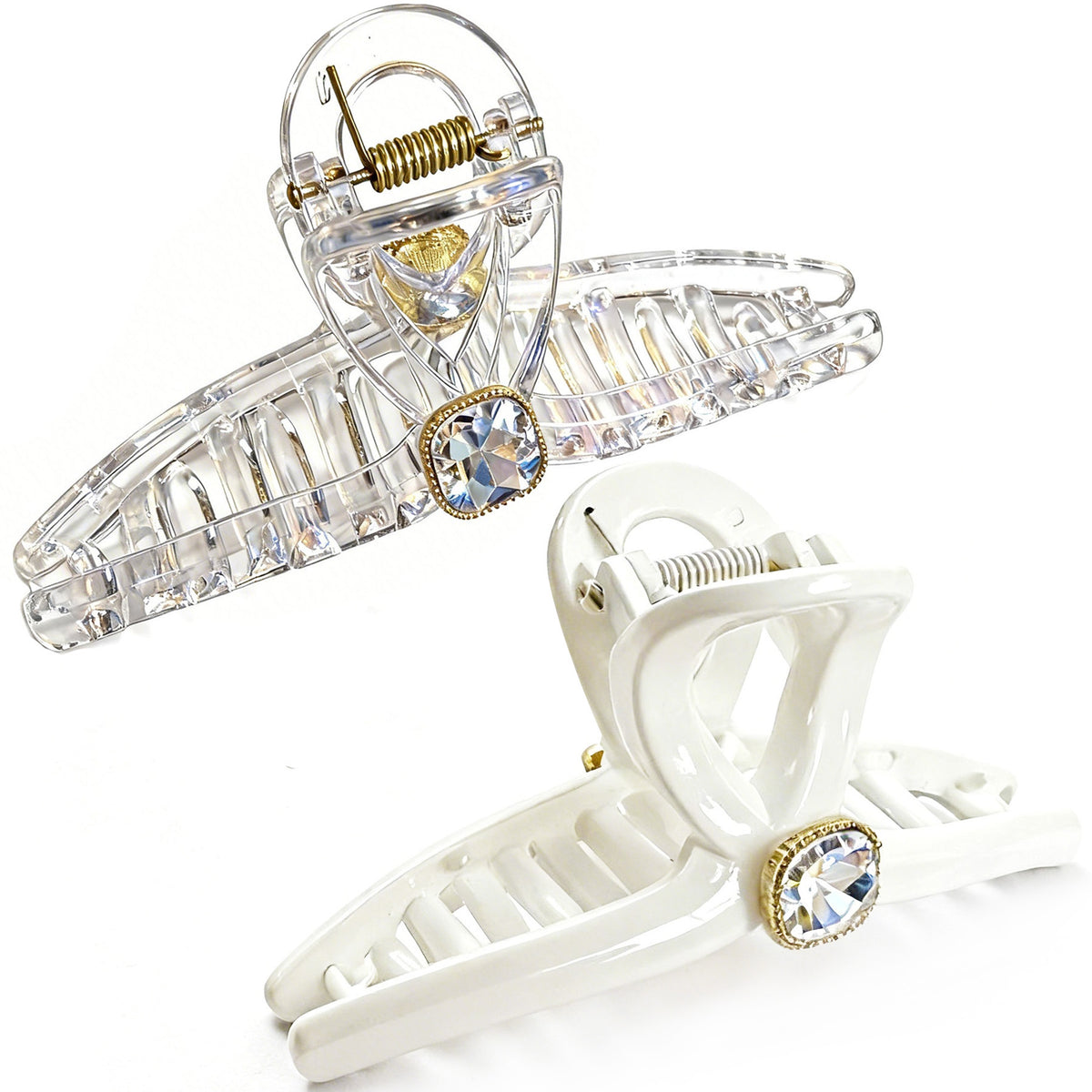 Sparkling Crystal Hair Claw Clips - 4.3" Large Non-Slip Butterfly Clamps (2-Pack, Clear & White)