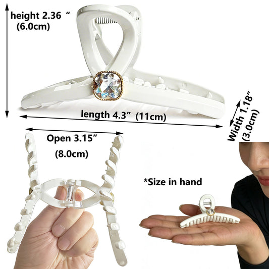 Sparkling Crystal Hair Claw Clips - 4.3" Large Non-Slip Butterfly Clamps (2-Pack, Clear & White)
