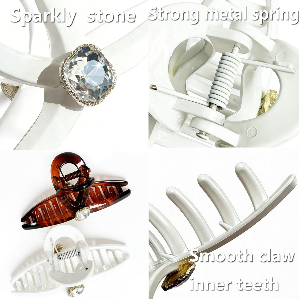 Sparkling Crystal Hair Claw Clips - 4.3" Large Non-Slip French Hair Butterfly Clamps (2-Pack, Glossy White & Tortoiseshell Amber)