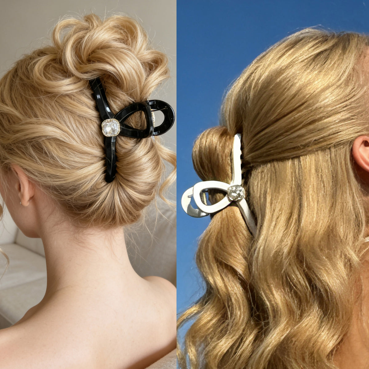 Sparkling Crystal Hair Claw Clips - 4.3" Large Non-Slip Hair Butterfly Clamps (2-Pack, Black & White)