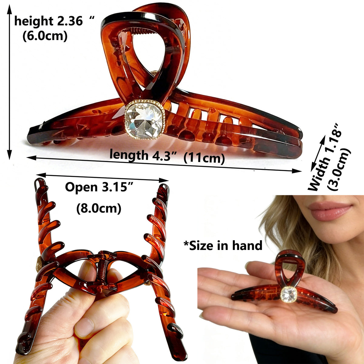 Sparkling Crystal Hair Claw Clips - 4.3" Large Non-Slip French Hair Butterfly Clamps (2-Pack, Tortoiseshell Amber & Glossy Black)