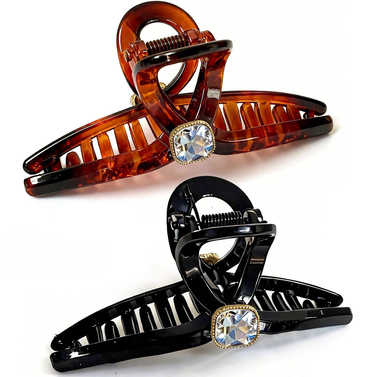 Sparkling Crystal Hair Claw Clips - 4.3" Large Non-Slip French Hair Butterfly Clamps (2-Pack, Tortoiseshell Amber & Glossy Black)