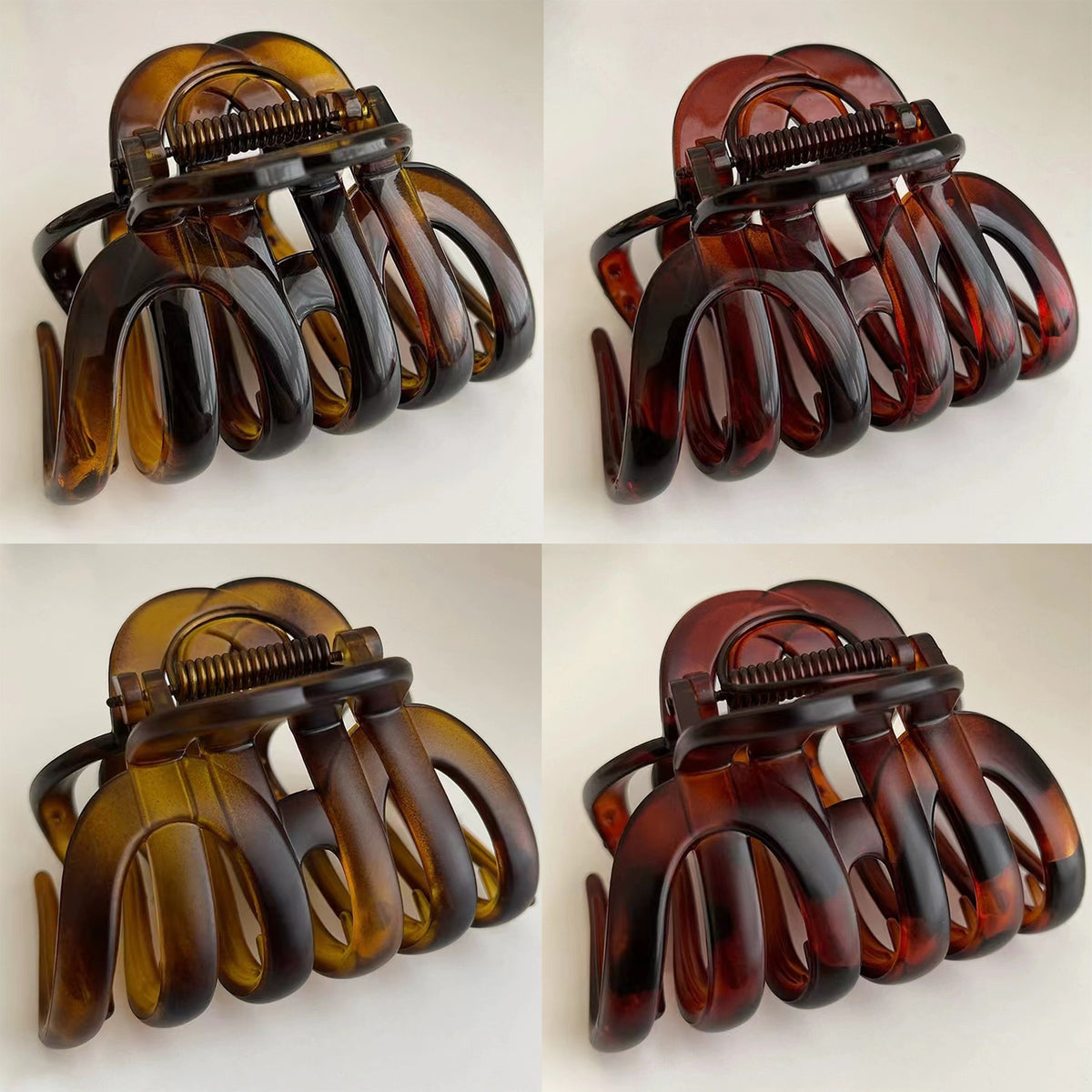 Vintage Leopard Octopus Hair Claw Clips - 3.94" Large Matte & Glossy Brown Jaw Clips (4-Piece Set for Thick Hair, Neutral Everyday Basics)