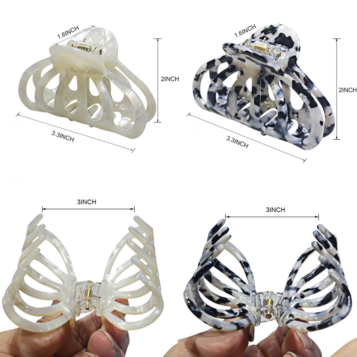 Cellulose Acetate French Hair Claw Clips - 3.3" Medium Boho Marble Barrettes (2-Pack with Gift Pouch, Pearl White & Monochrome Marble)