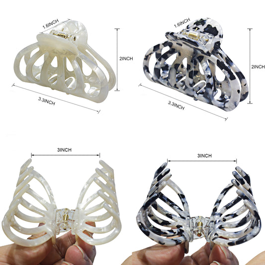 Cellulose Acetate French Hair Claw Clips - 3.3" Medium Boho Marble Barrettes (2-Pack with Gift Pouch, Pearl White & Monochrome Marble)