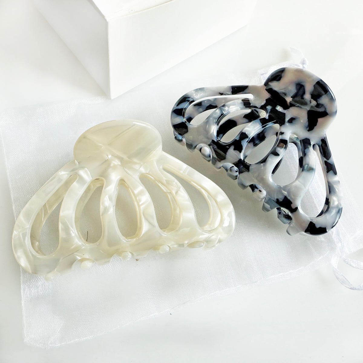 Cellulose Acetate French Hair Claw Clips - 3.3" Medium Boho Marble Barrettes (2-Pack with Gift Pouch, Pearl White & Monochrome Marble)