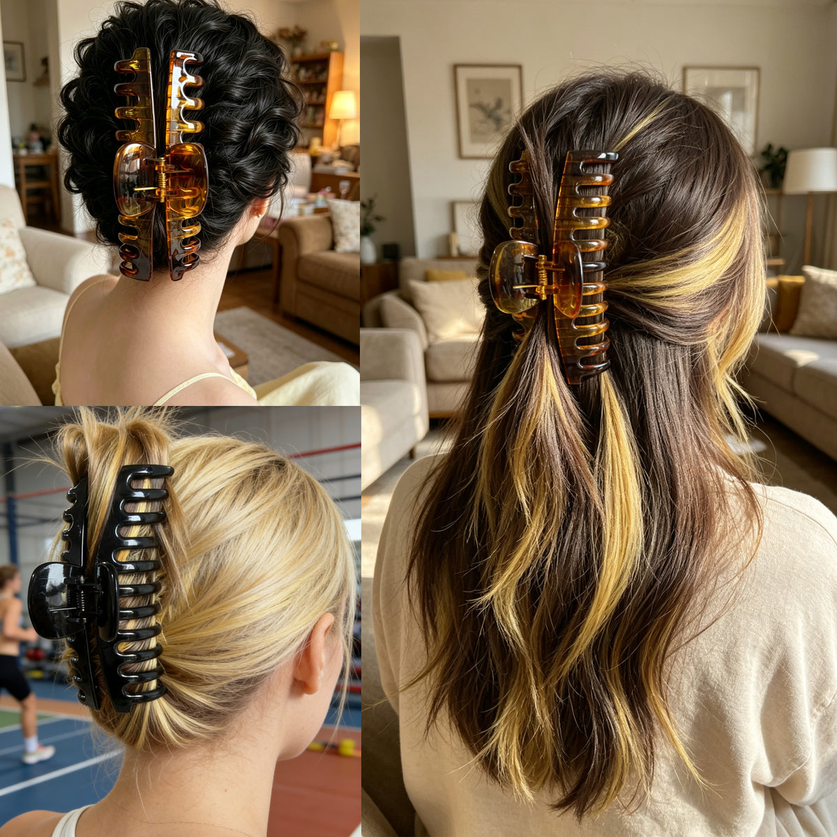 Jumbo 5.5" Glossy Hair Claw Clips for Thick Hair - Extra Large Non-Slip Jaw Clips (2-Piece Set - Jet Black & Amber Tortoise)