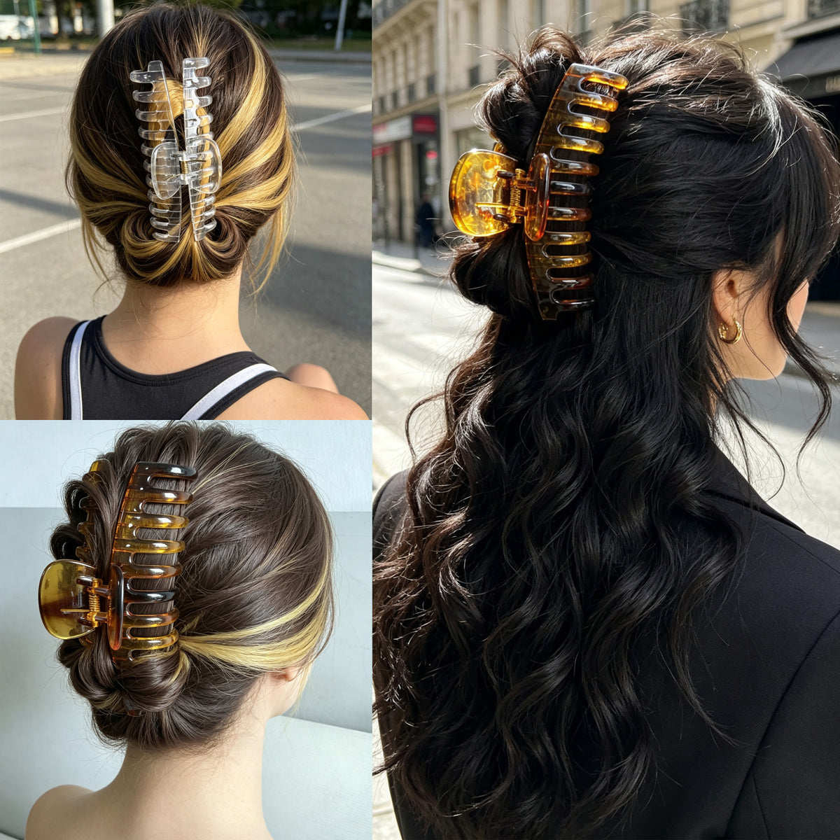 Jumbo 5.5" Glossy Hair Claw Clips for Thick Hair - Extra Large Non-Slip Jaw Clips (2-Piece Set - Crystal Clear & Amber Tortoiseshell)
