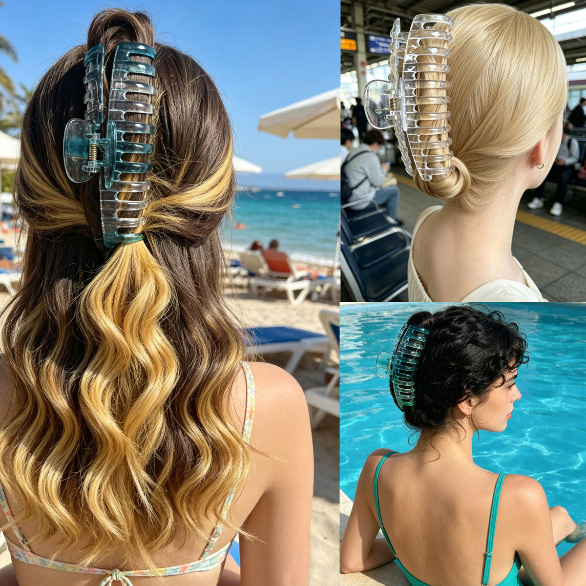 Jumbo 5.5" Glossy Hair Claw Clips for Thick Hair - Extra Large Non-Slip Jaw Clips (2-Piece Set - Crystal Clear & Ocean Teal)