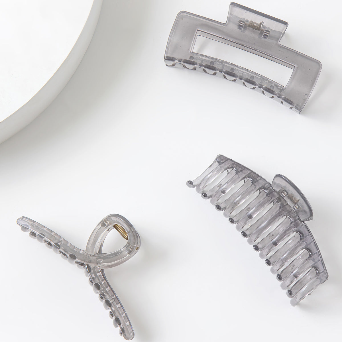 Large Glossy Smokey Grey Hair Claw Clips - Translucent Clear Non-Slip Barrettes for All Hair (3-Piece Set with Black Velvet Gift Pouch)