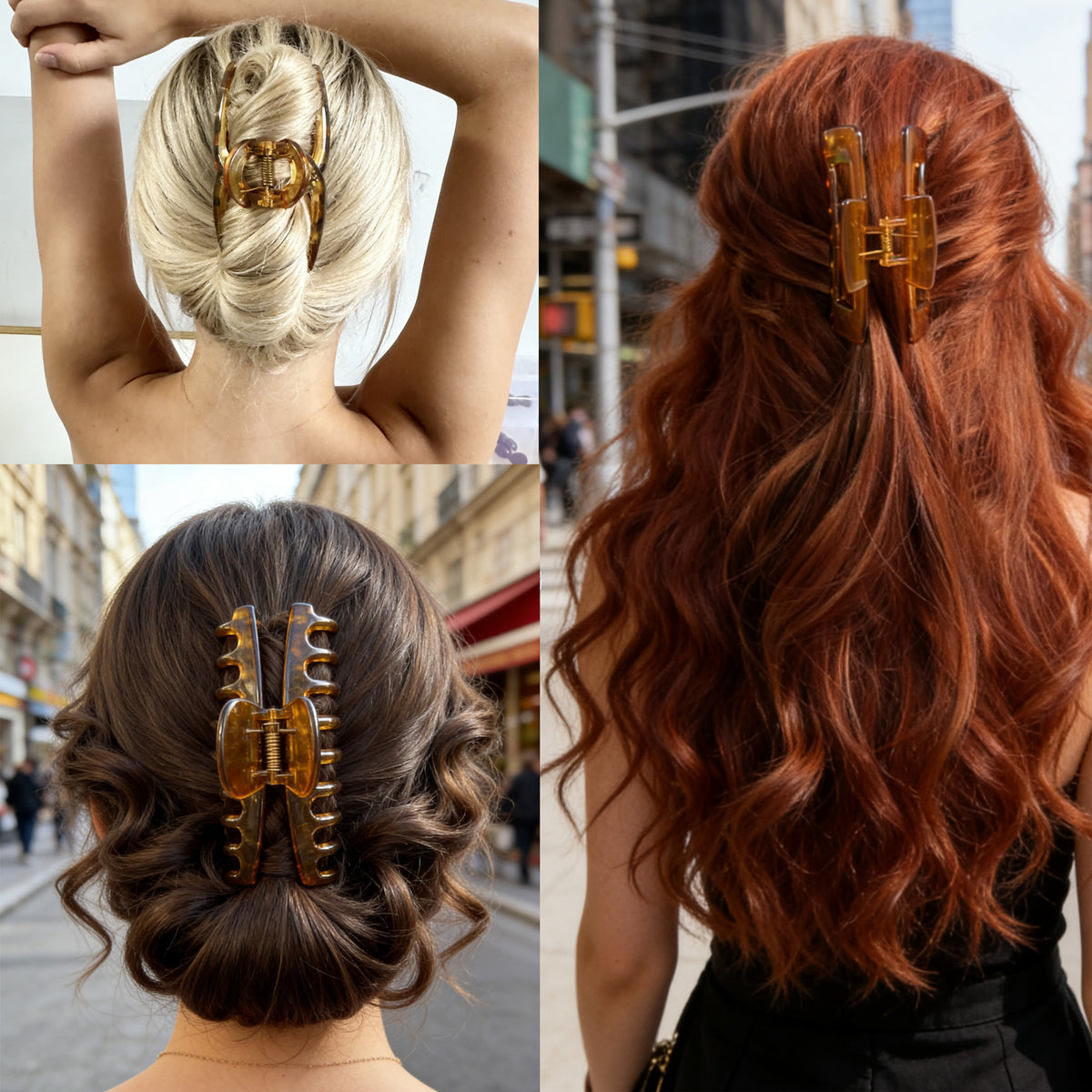 Large Glossy Amber Hair Claw Clips - Honey Caramel Non-Slip Barrettes for All Hair (3-Piece Set with Black Velvet Gift Pouch)