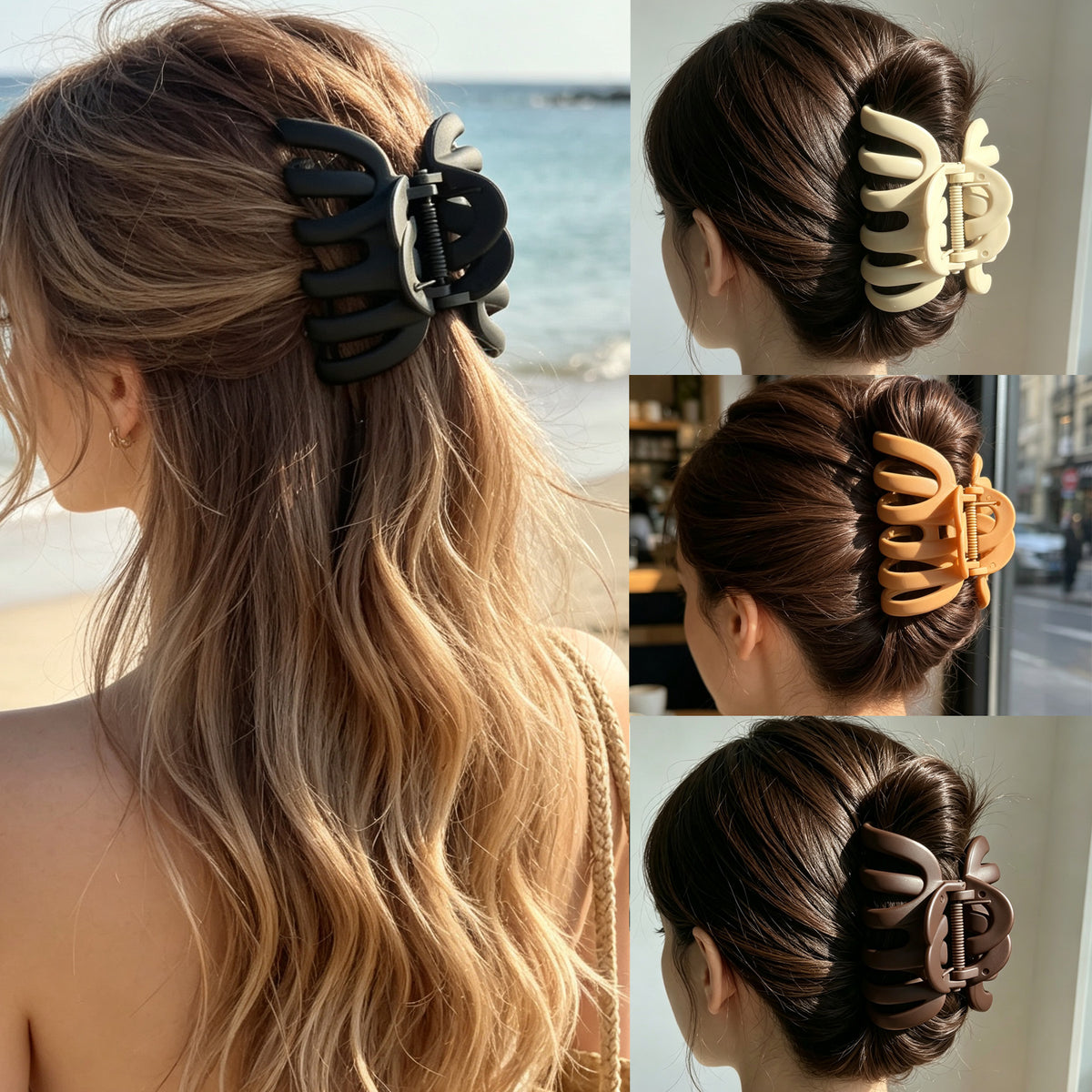 Matte Octopus Hair Claw Clips - 3.94" Large Non-Slip Neutral Hair Barrettes for Thick Hair (4-Pack, Matte Black, Brown, Beige & Cream)
