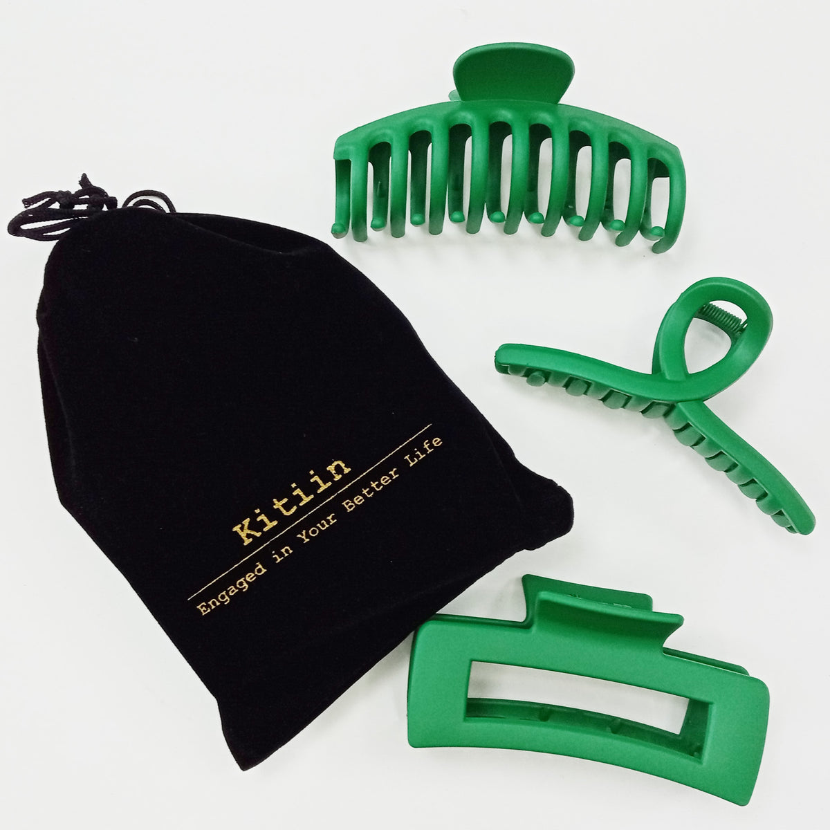 Large Matte Emerald Green Hair Claw Clips - St. Patrick's Day Non-Slip Barrettes for All Hair (3-Piece Set with Black Velvet Gift Pouch)