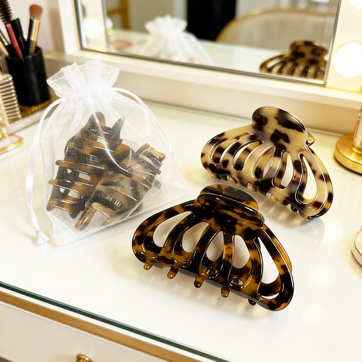 Cellulose Acetate French Hair Claw Clips - 3.3" Medium Tortoiseshell Leopard Barrettes (2-Pack with Gift Pouch, Classic Amber & Blonde Tortoise)