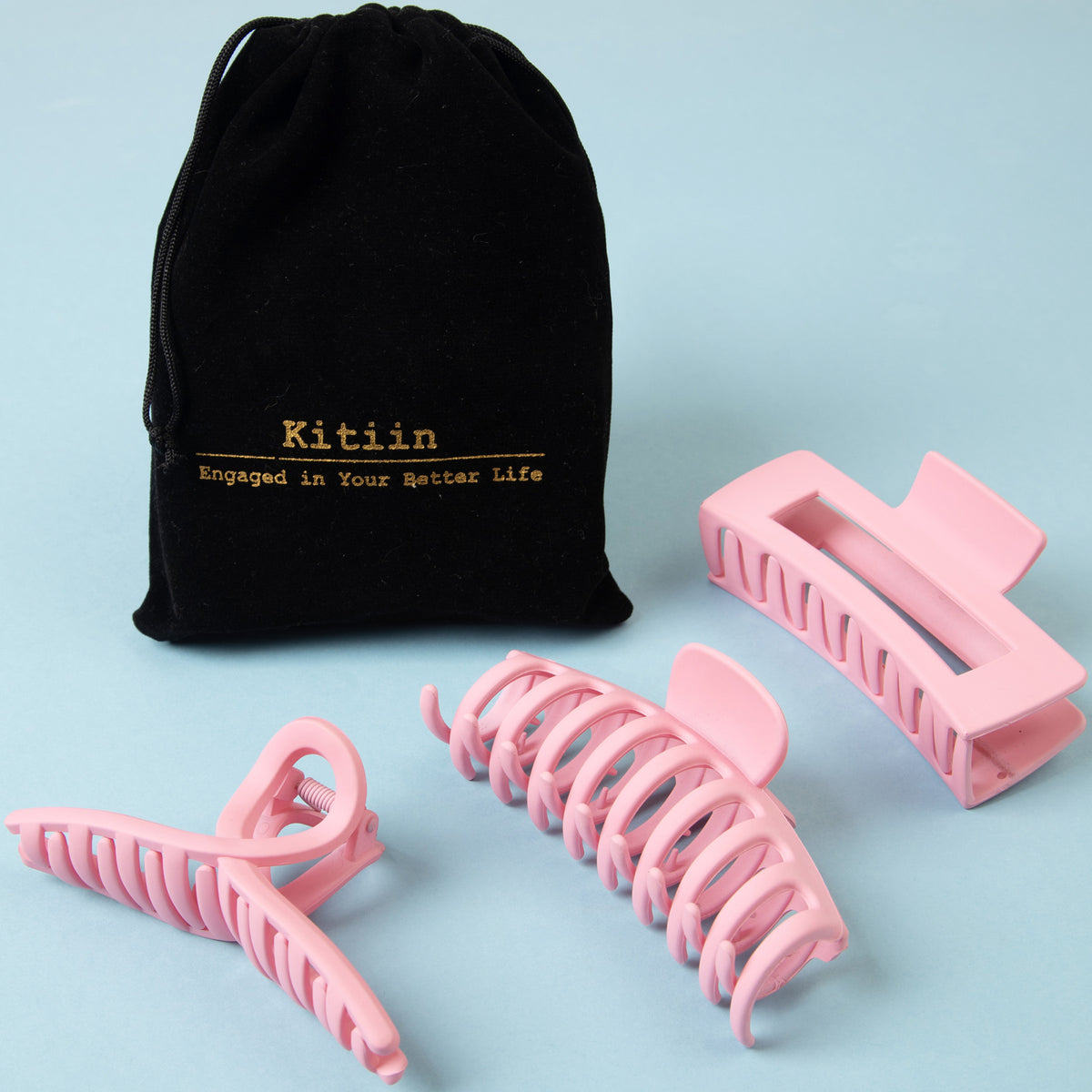Large Matte Pastel Pink Hair Claw Clips - Aesthetic Non-Slip Barrettes for All Hair (3-Piece Set with Black Velvet Gift Pouch)