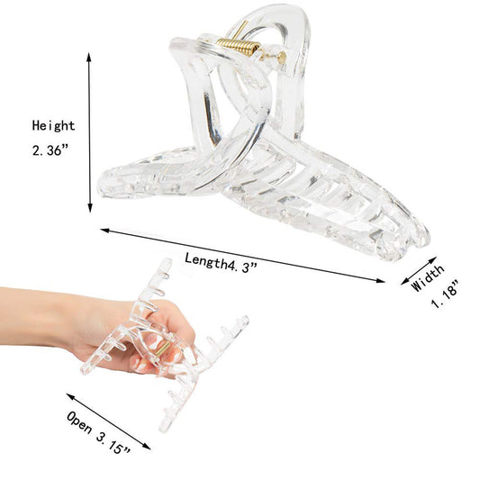 Large Glossy Crystal Clear Hair Claw Clips - Transparent Non-Slip Barrettes for All Hair (3-Piece Set with Black Velvet Gift Pouch)