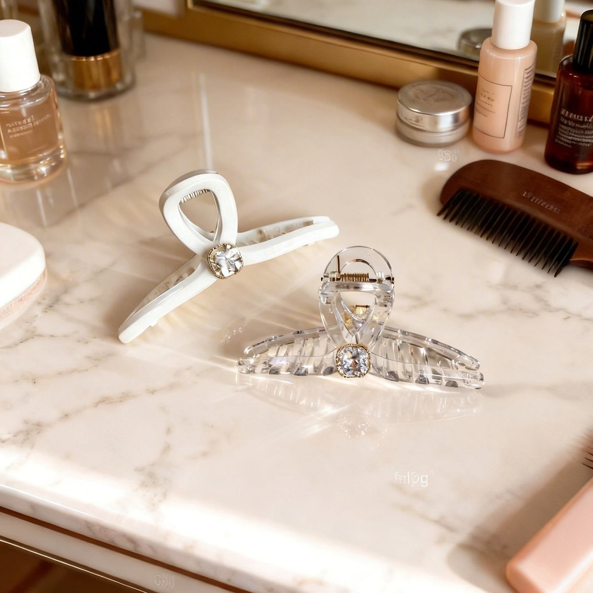 Sparkling Crystal Hair Claw Clips - 4.3" Large Non-Slip Butterfly Clamps (2-Pack, Clear & White)