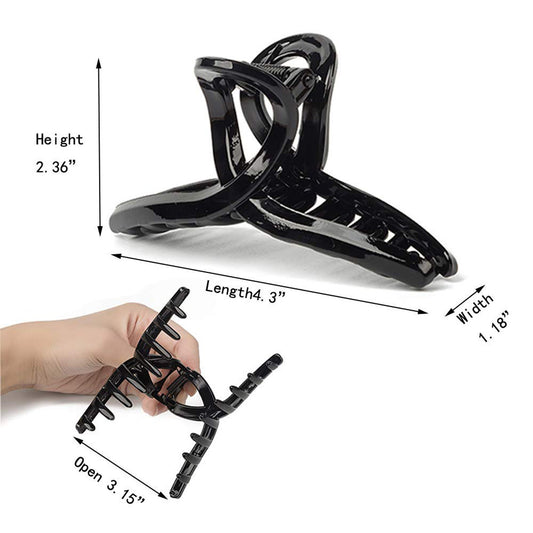 Large Glossy Jet Black Hair Claw Clips - Classic Non-Slip Barrettes for All Hair (3-Piece Set with Black Velvet Gift Pouch)