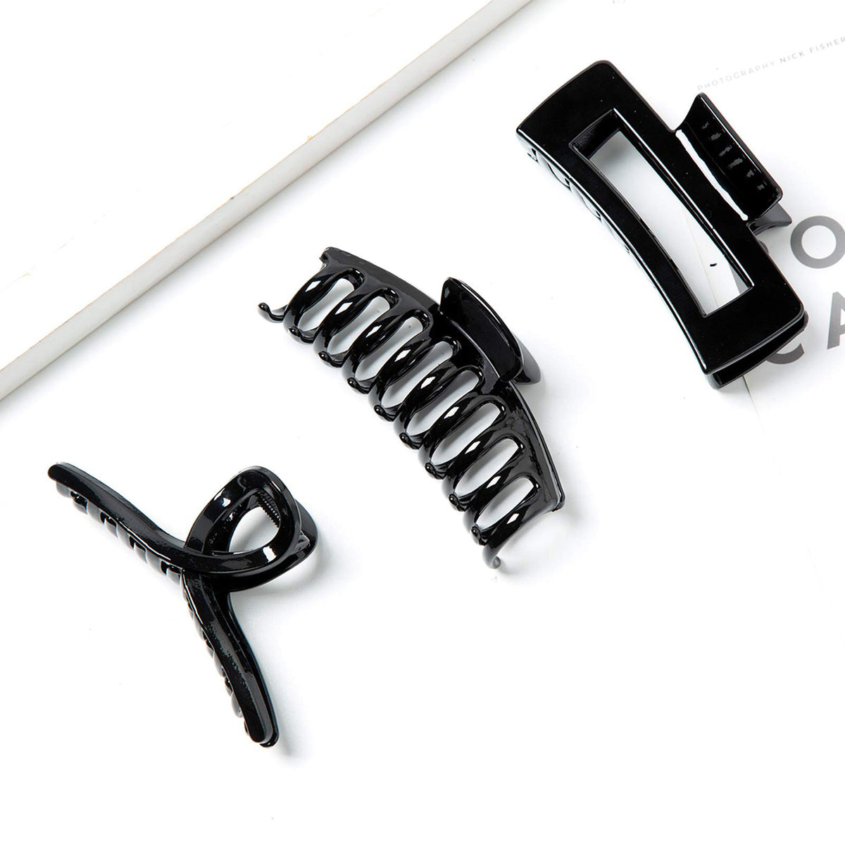 Large Glossy Jet Black Hair Claw Clips - Classic Non-Slip Barrettes for All Hair (3-Piece Set with Black Velvet Gift Pouch)