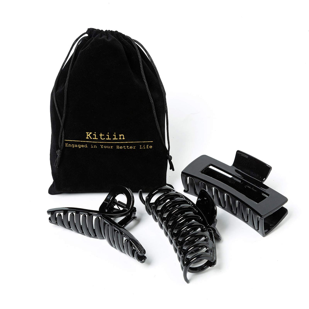 Large Glossy Jet Black Hair Claw Clips - Classic Non-Slip Barrettes for All Hair (3-Piece Set with Black Velvet Gift Pouch)
