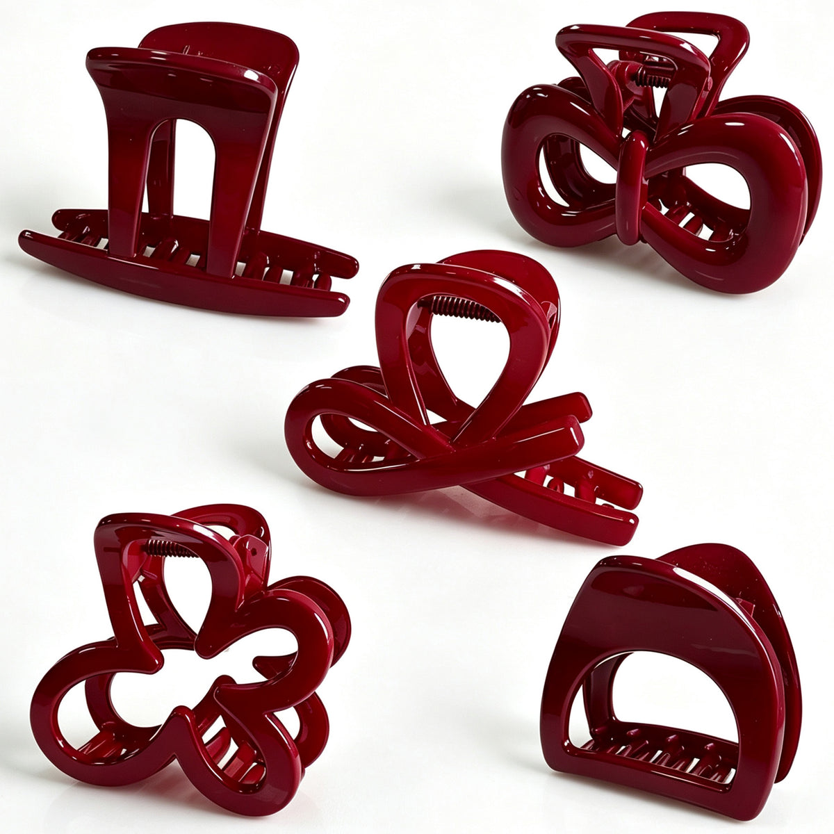 Glossy Fashion Red Hair Claw Clips - 6-Piece Cute Assorted Shapes Set for Women & Girls (Bow, Flower, Half-Moon & Crossover Clamps)