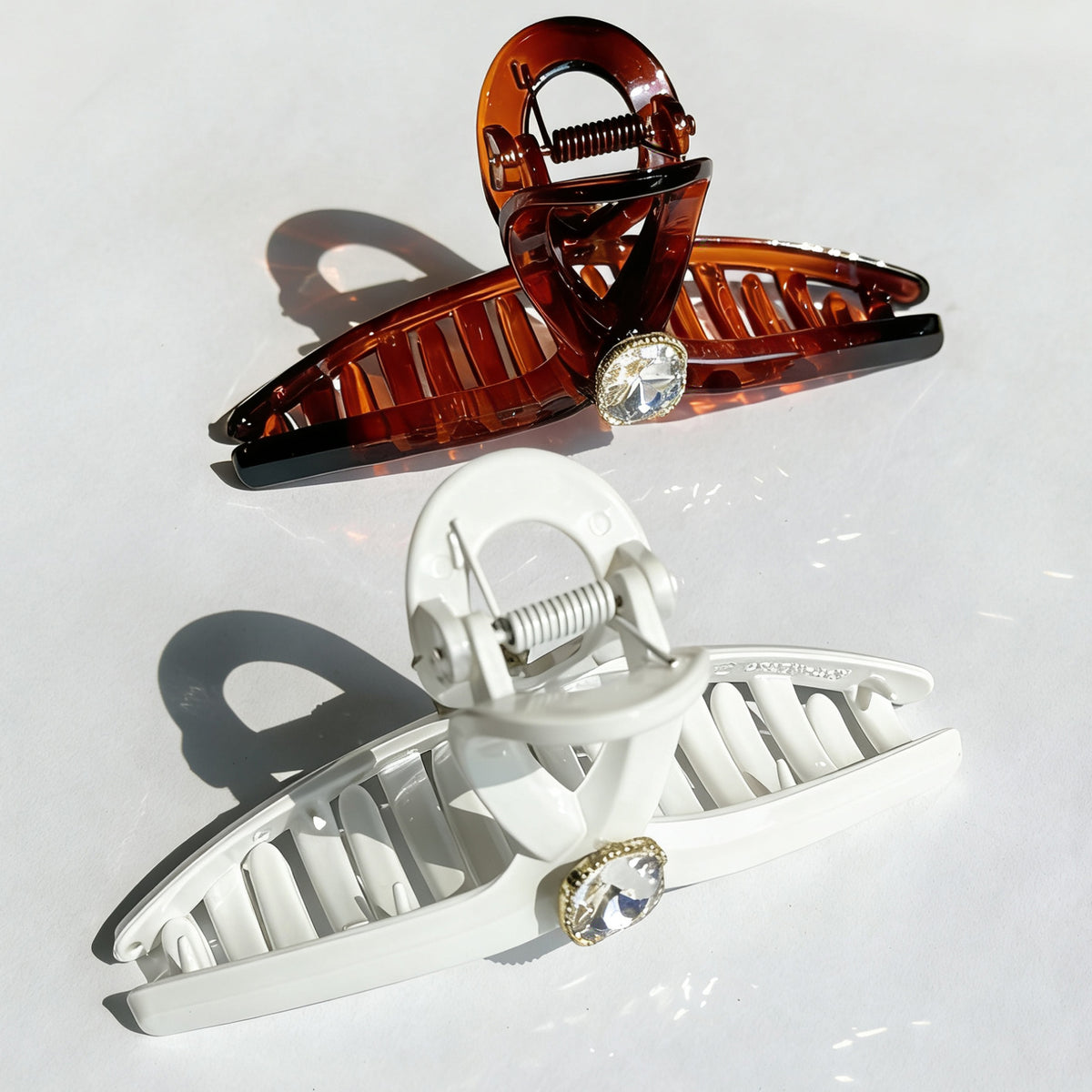 Sparkling Crystal Hair Claw Clips - 4.3" Large Non-Slip French Hair Butterfly Clamps (2-Pack, Glossy White & Tortoiseshell Amber)