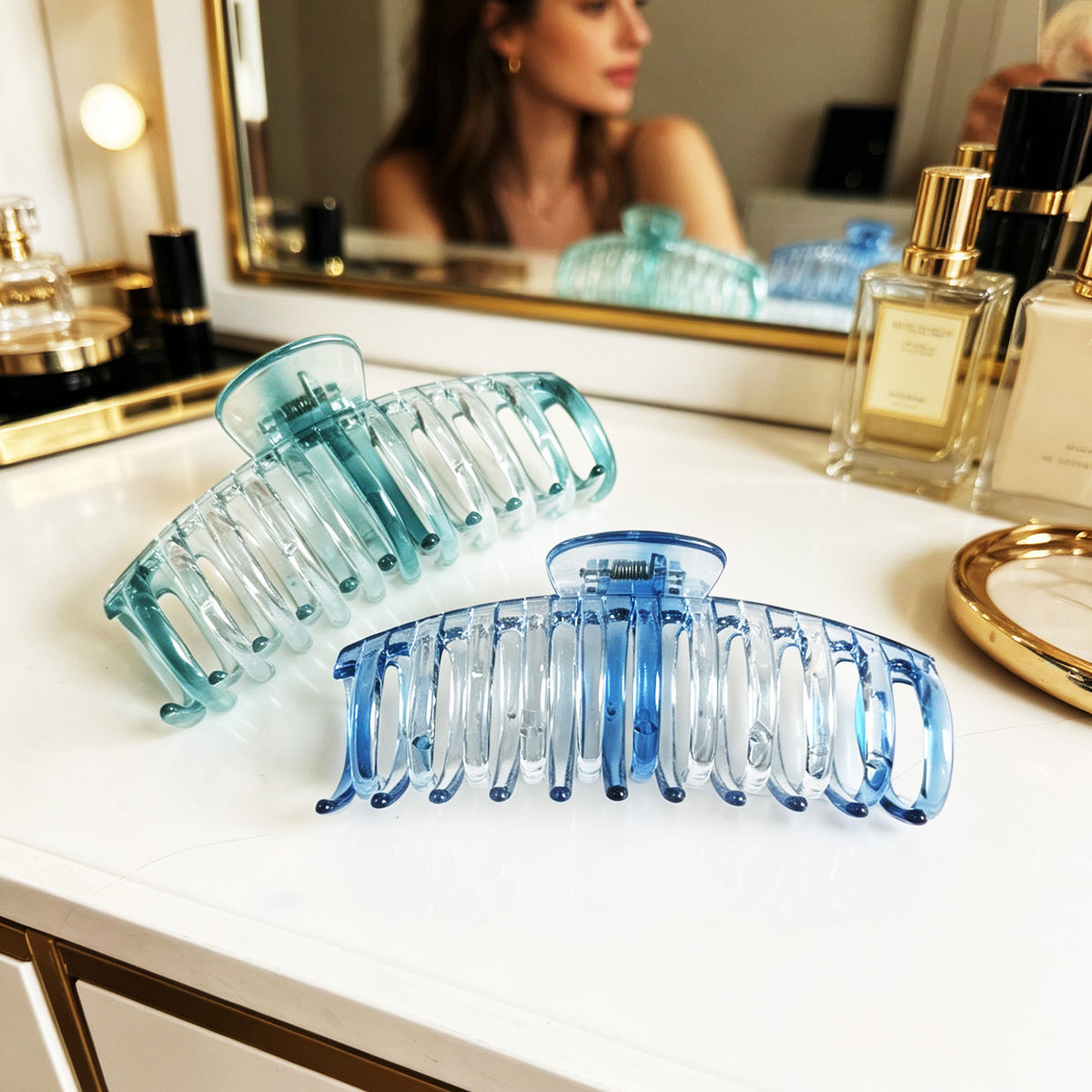 Jumbo 5.5" Glossy Hair Claw Clips for Thick Hair - Extra Large Non-Slip Jaw Clips (2-Piece Set - Cobalt Blue & Ocean Teal)