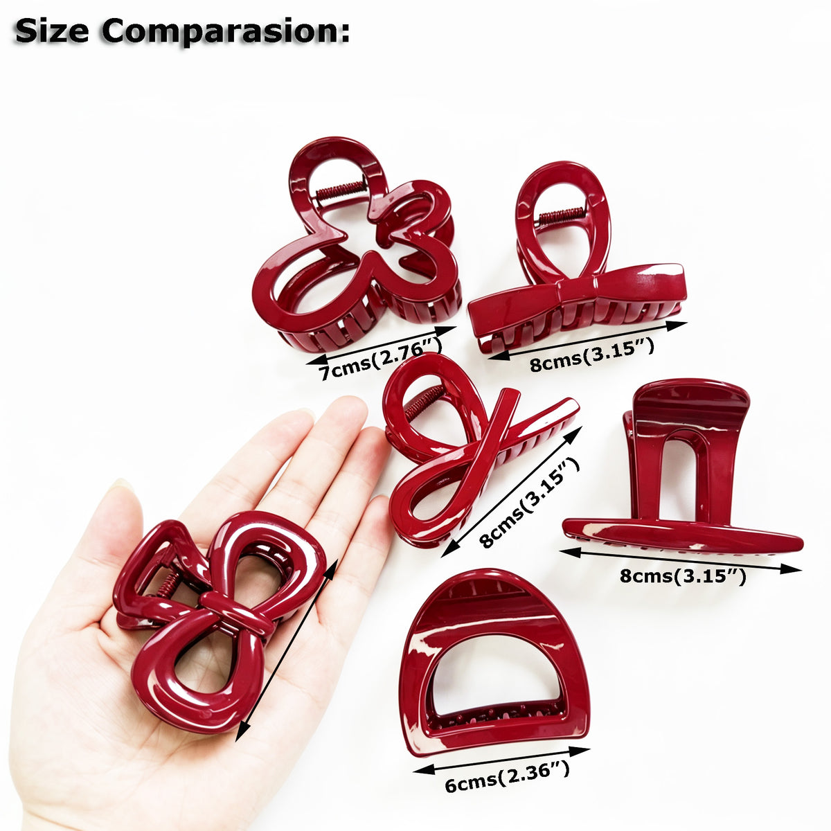 Glossy Fashion Red Hair Claw Clips - 6-Piece Cute Assorted Shapes Set for Women & Girls (Bow, Flower, Half-Moon & Crossover Clamps)
