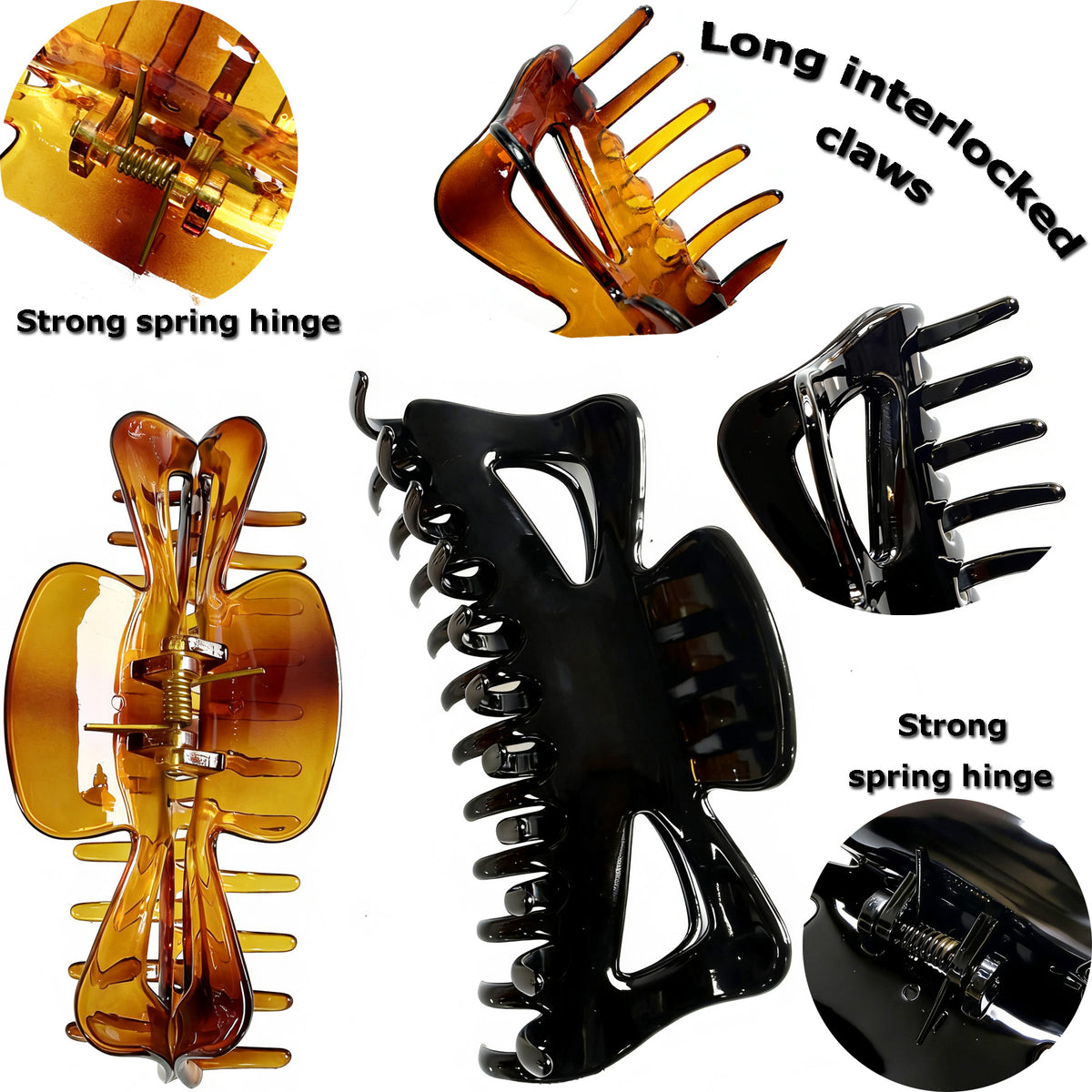 5.1" Jumbo Butterfly Hair Claw Clips for Thick Long Hair - Extra Large Non-Slip Clamps (2-Pack, Black & Amber Brown)