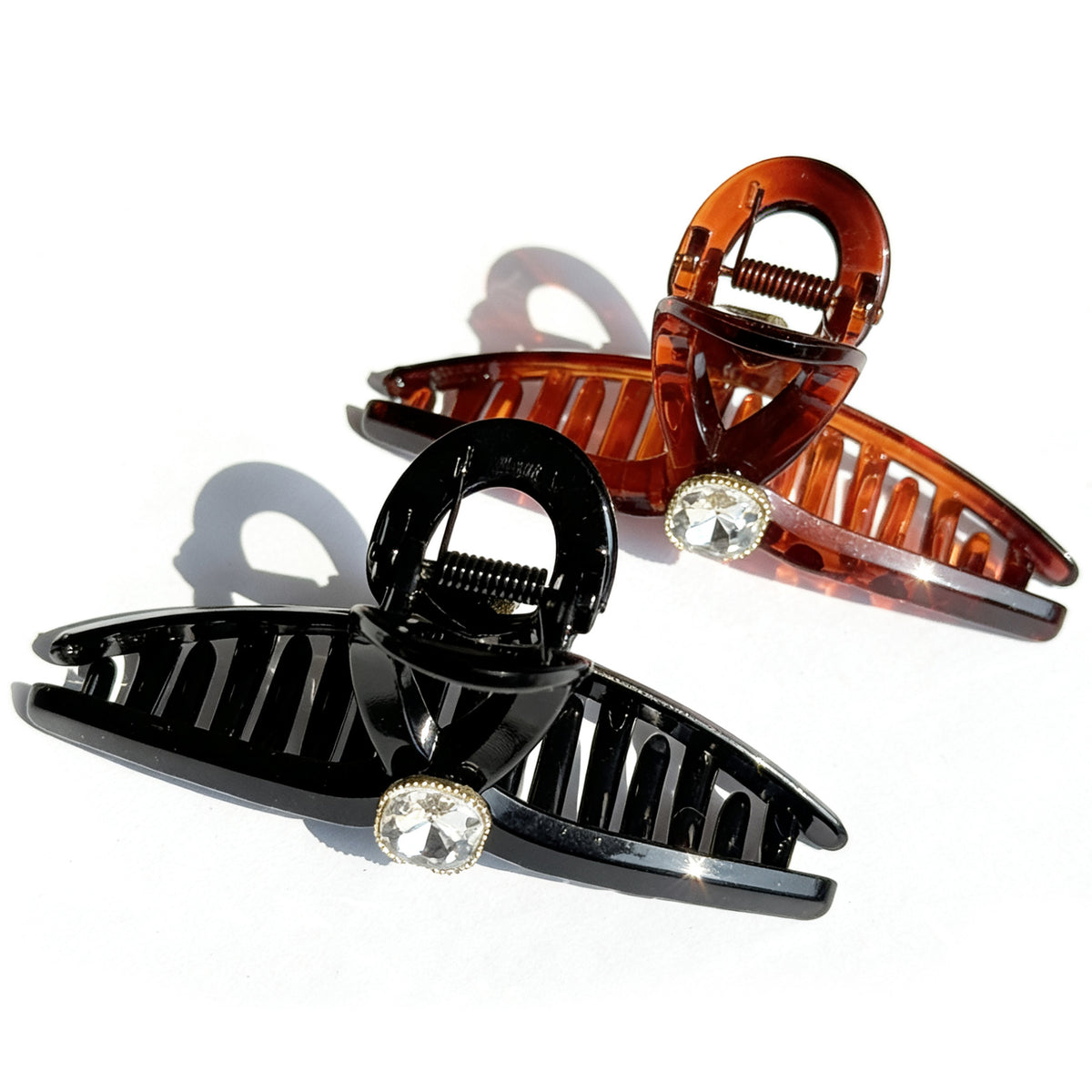 Sparkling Crystal Hair Claw Clips - 4.3" Large Non-Slip French Hair Butterfly Clamps (2-Pack, Tortoiseshell Amber & Glossy Black)