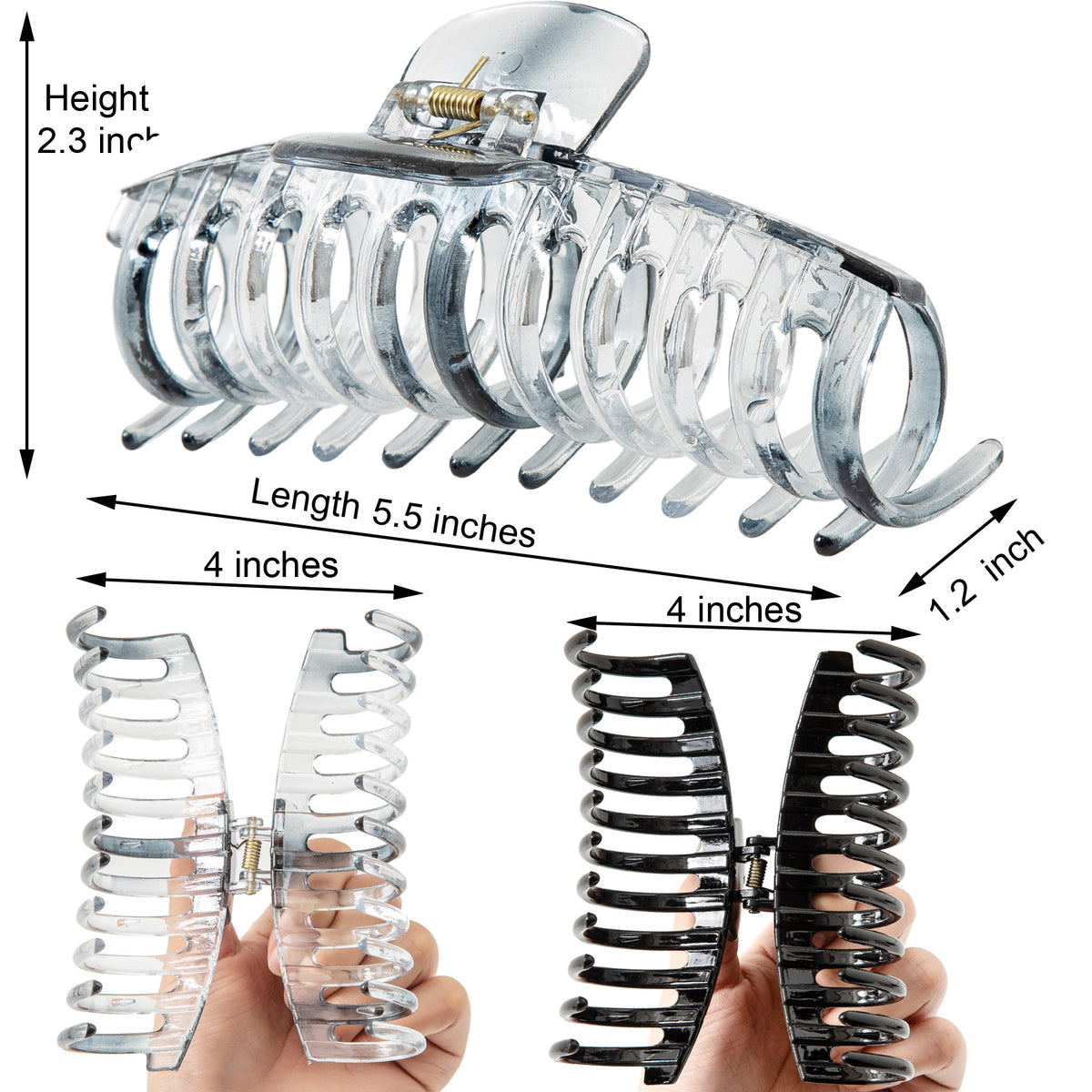 Jumbo 5.5" Glossy Hair Claw Clips for Thick Hair - Extra Large Non-Slip Jaw Clips (2-Piece Set - Jet Black & Crystal Clear)