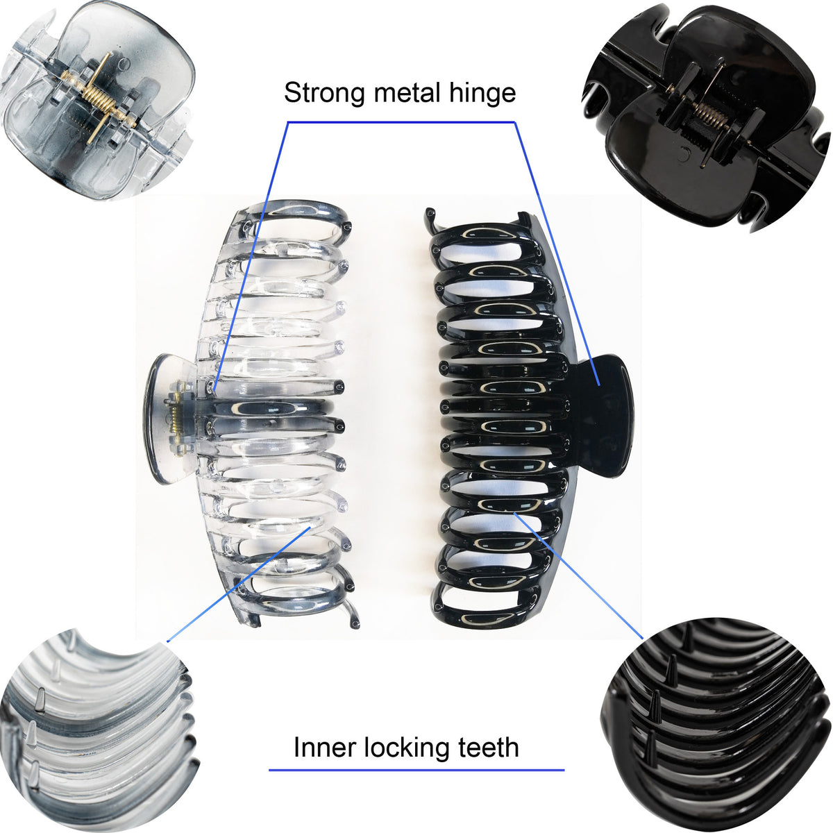 Jumbo 5.5" Glossy Hair Claw Clips for Thick Hair - Extra Large Non-Slip Jaw Clips (2-Piece Set - Jet Black & Crystal Clear)