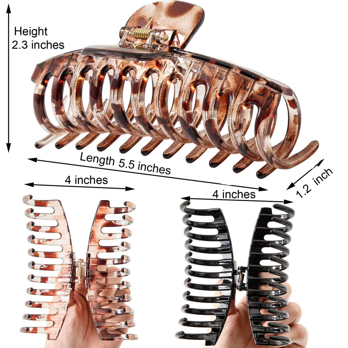 Jumbo 5.5" Glossy Hair Claw Clips for Thick Hair - Extra Large Non-Slip Jaw Clips (2-Piece Set - Jet Black & Brown Tortoiseshell)