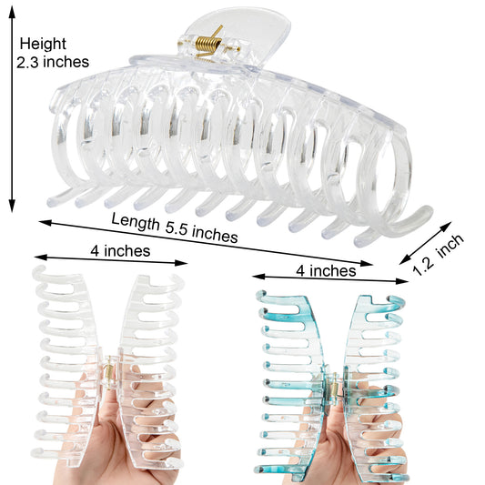 Jumbo 5.5" Glossy Hair Claw Clips for Thick Hair - Extra Large Non-Slip Jaw Clips (2-Piece Set - Crystal Clear & Ocean Teal)