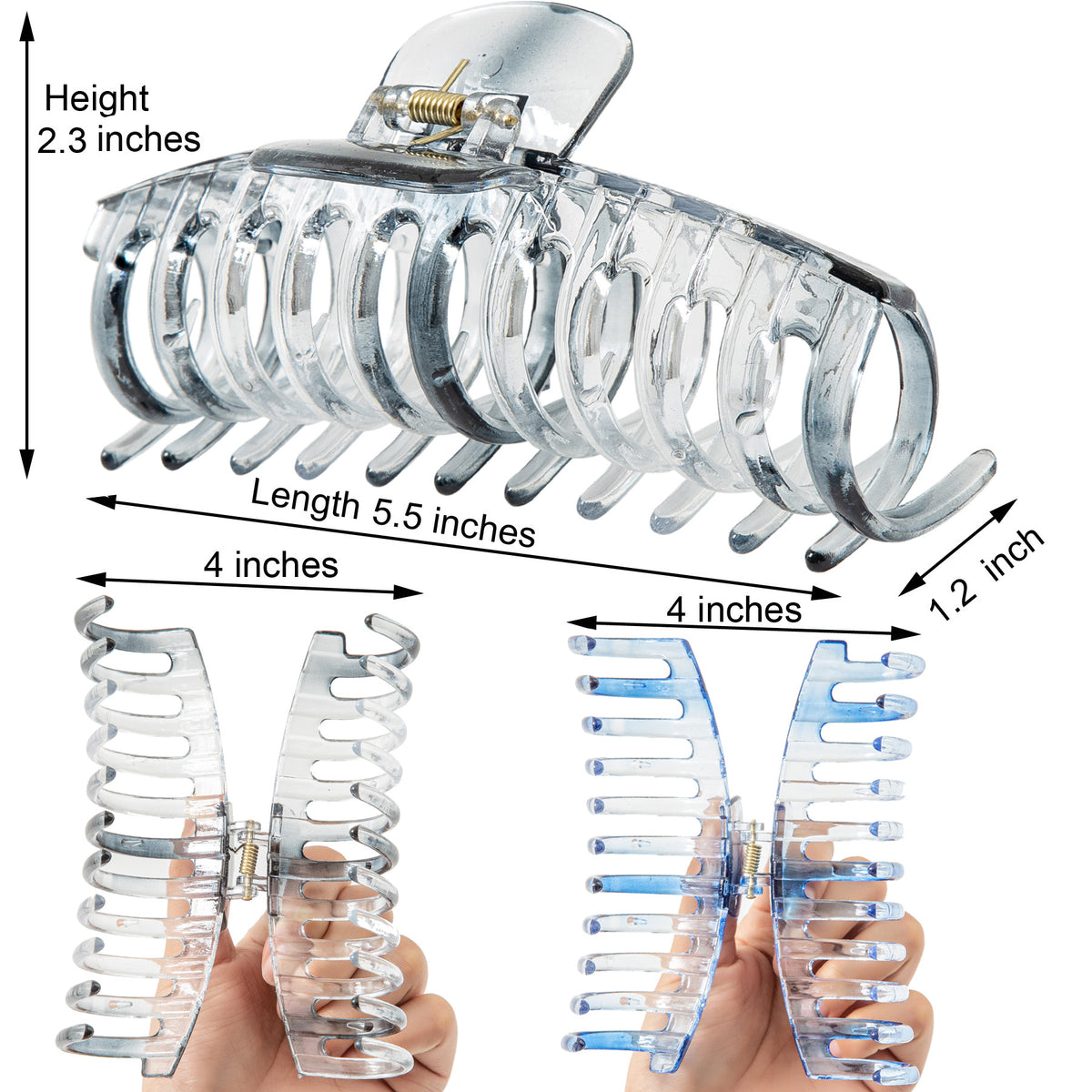 Jumbo 5.5" Glossy Hair Claw Clips for Thick Hair - Extra Large Non-Slip Jaw Clips (2-Piece Set - Smoky Clear & Cobalt Blue)