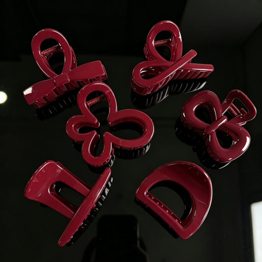 Glossy Fashion Red Hair Claw Clips - 6-Piece Cute Assorted Shapes Set for Women & Girls (Bow, Flower, Half-Moon & Crossover Clamps)