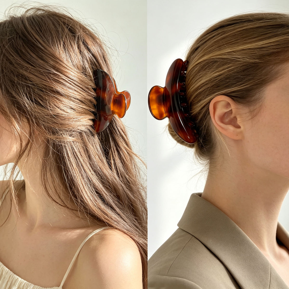 Cellulose Acetate French Hair Claw Clips - 3.35" Medium Arched Barrettes (2-Pack with Gift Pouch, Classic Black & Amber Tortoiseshell)