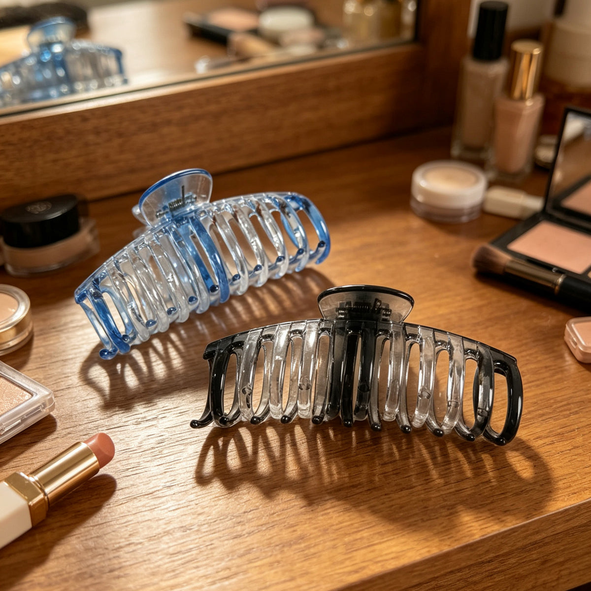 Jumbo 5.5" Glossy Hair Claw Clips for Thick Hair - Extra Large Non-Slip Jaw Clips (2-Piece Set - Smoky Clear & Cobalt Blue)
