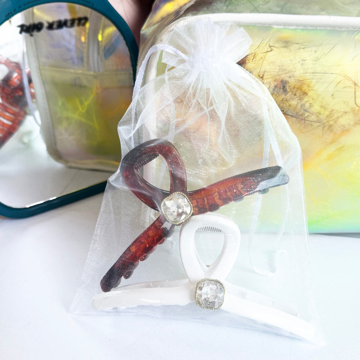 Sparkling Crystal Hair Claw Clips - 4.3" Large Non-Slip French Hair Butterfly Clamps (2-Pack, Glossy White & Tortoiseshell Amber)