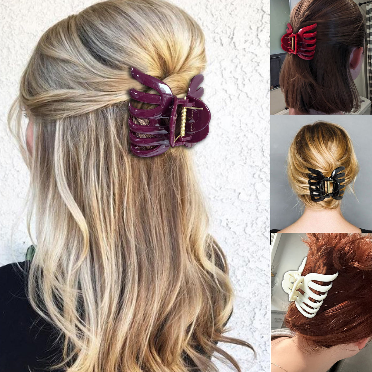 Large Octopus Hair Claw Clips - 3.74" Sturdy Hair Barrettes for Thick Hair (4-Pack with Gift Bag, Glossy Black, Cream Ivory, Wine Red & Deep Plum)