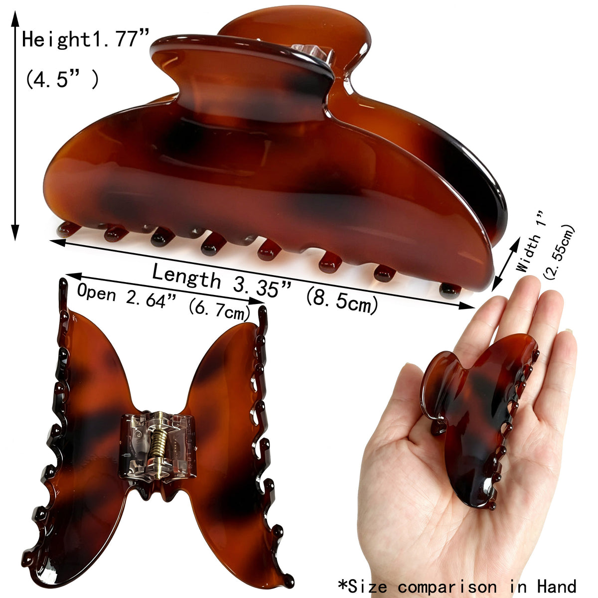 Cellulose Acetate French Hair Claw Clips - 3.35" Medium Arched Barrettes (2-Pack with Gift Pouch, Classic Black & Amber Tortoiseshell)