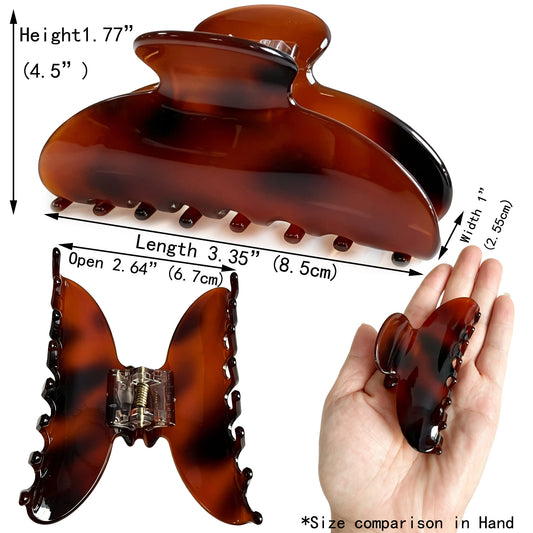 Cellulose Acetate French Hair Claw Clips - 3.35" Medium Arched Barrettes (2-Pack with Gift Pouch, Classic Black & Amber Tortoiseshell)