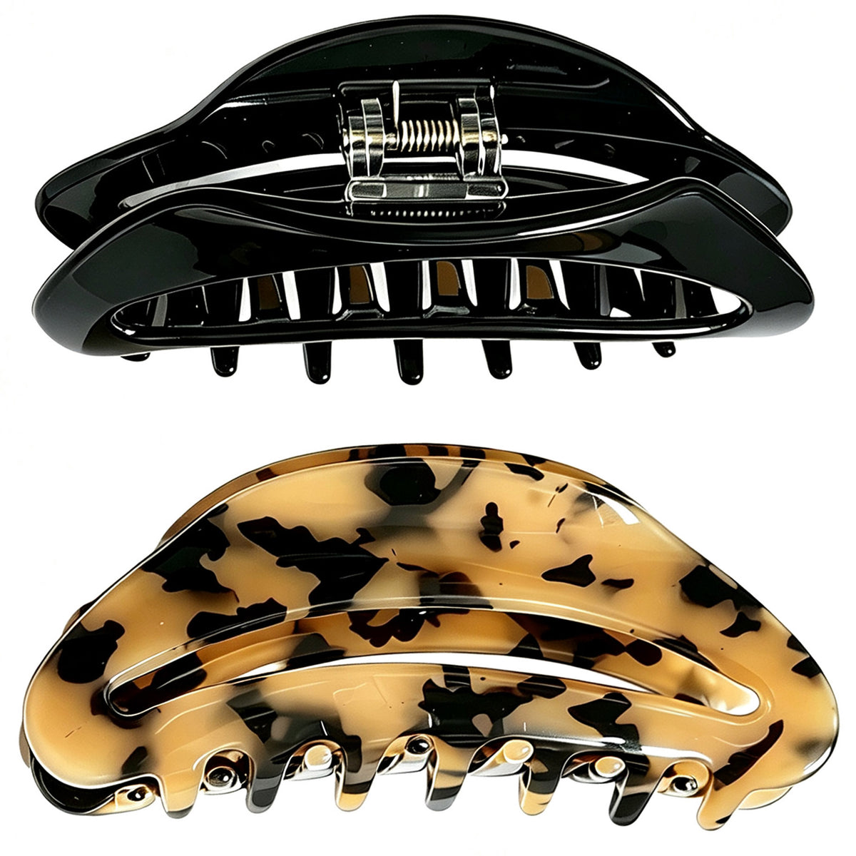 Cellulose Acetate French Hair Claw Clips - 4.15" Large Arched Hair Barrettes (2-Pack with Gift Pouch, Classic Black & Amber Tortoiseshell)