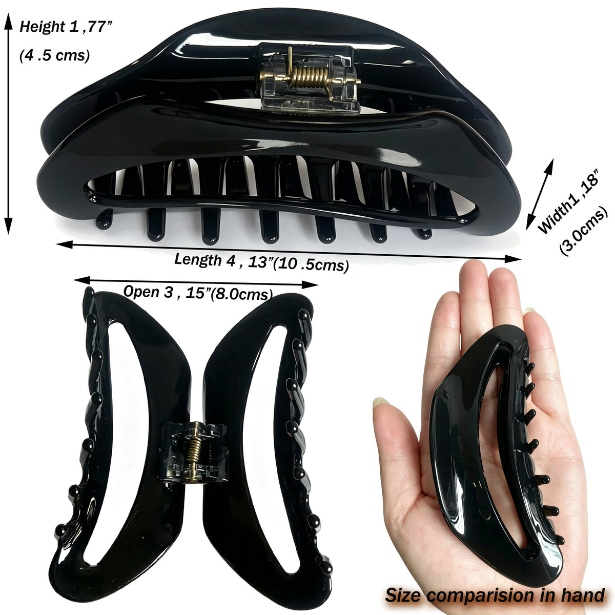 Cellulose Acetate French Hair Claw Clips - 4.15" Large Arched Hair Barrettes (2-Pack with Gift Pouch, Classic Black & Amber Tortoiseshell)