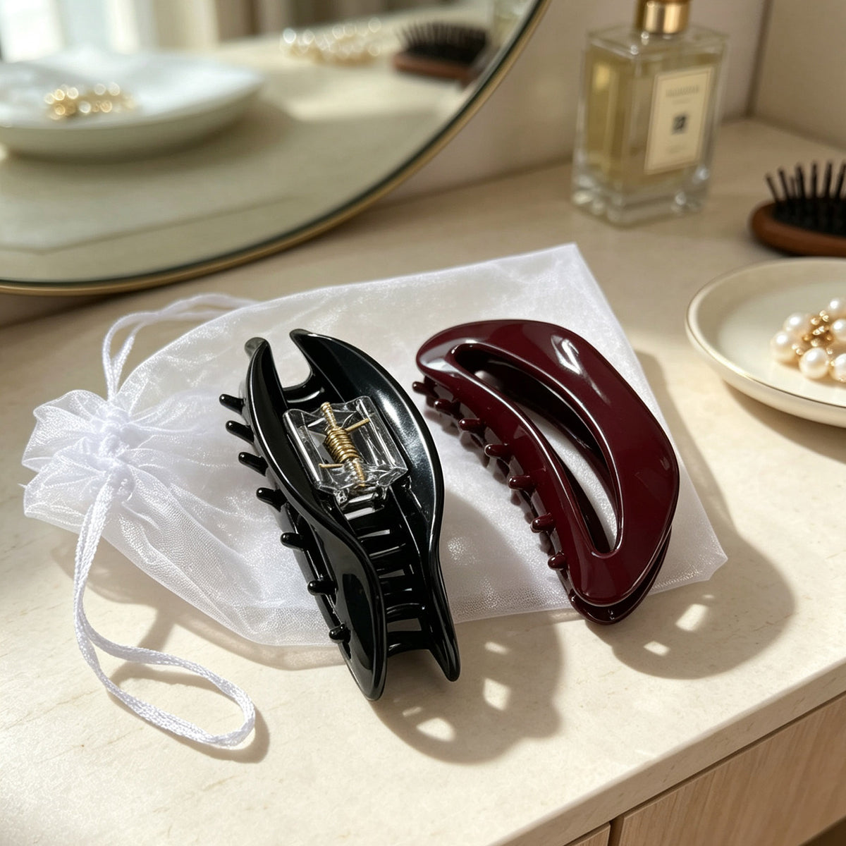 Cellulose Acetate French Hair Claw Clips - 4.15" Large Arched Hair Barrettes (2-Pack with Gift Pouch, Classic Black & Vintage French Red)