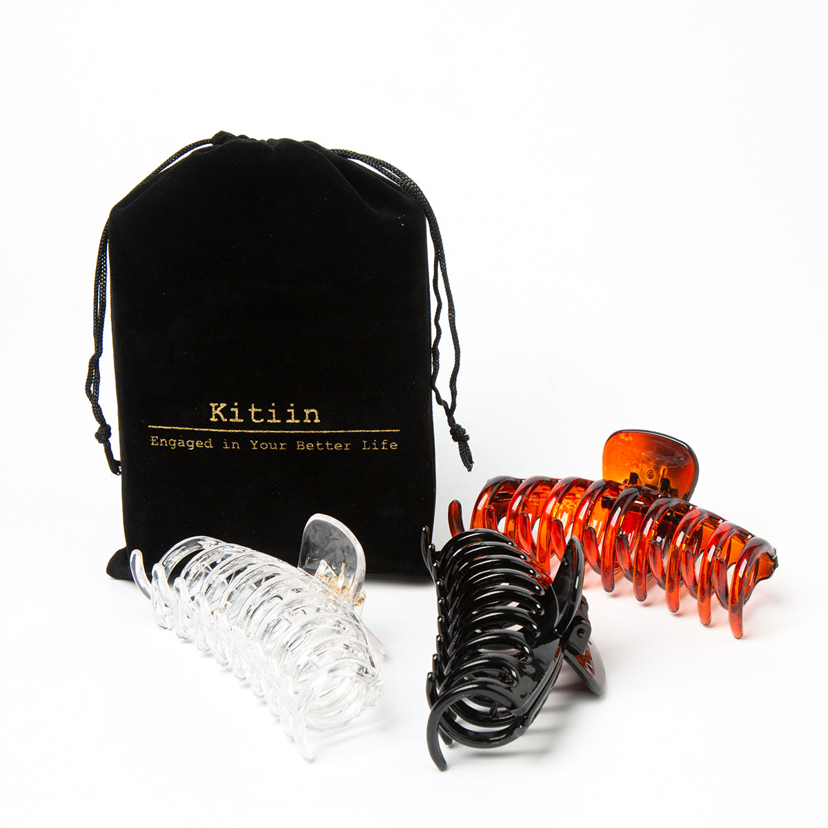 Glossy Shark Claw Hair Clips - Neutral Tortoise, Black & Clear Barrettes (3-Piece Set with Black Velvet Gift Pouch)