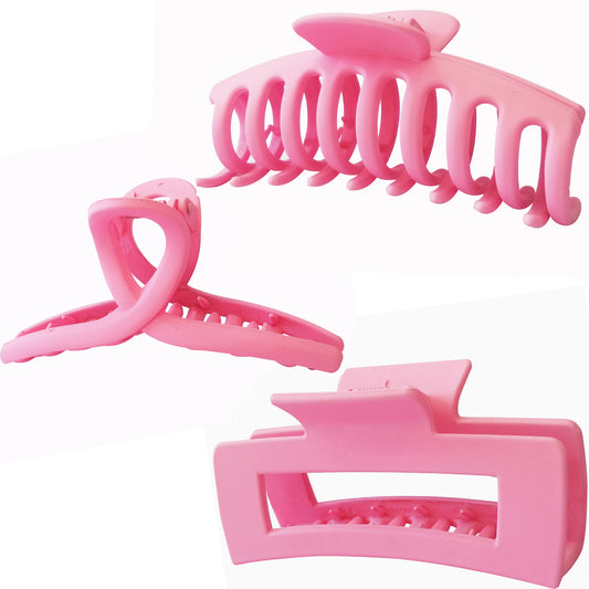 Large Matte Pastel Pink Hair Claw Clips - Aesthetic Non-Slip Barrettes for All Hair (3-Piece Set with Black Velvet Gift Pouch)