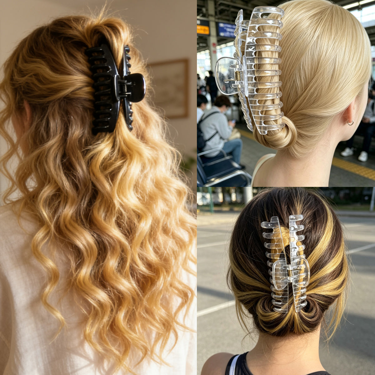 Jumbo 5.5" Glossy Hair Claw Clips for Thick Hair - Extra Large Non-Slip Jaw Clips (2-Piece Set - Jet Black & Crystal Clear)