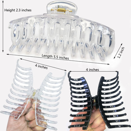 Jumbo 5.5" Glossy Hair Claw Clips for Thick Hair - Extra Large Non-Slip Jaw Clips (2-Piece Set - Jet Black & Crystal Clear)