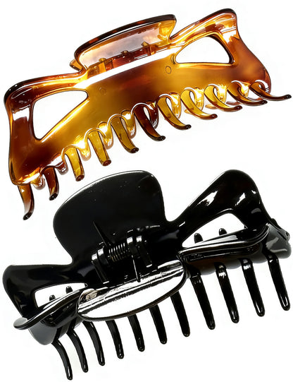 5.1" Jumbo Butterfly Hair Claw Clips for Thick Long Hair - Extra Large Non-Slip Clamps (2-Pack, Black & Amber Brown)